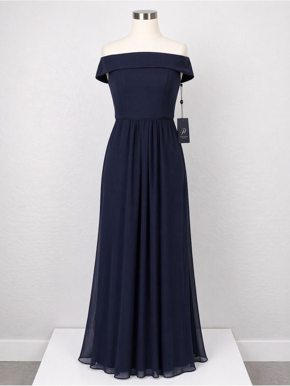 Adrianna Papell Off Shoulder Crepe Chiffon Long Formal Evening Gown Navy 2 NEW - Picture 4 of 15